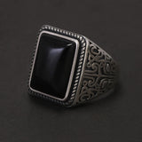 925 Sterling Silver Black Onyx Signet Ring for Men Natural Stone Cool Retro Vintage Punk Turkish Rings Biker Male Jewelry Gift
