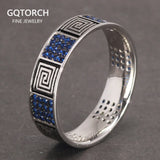 925 Sterling Silver Turkish RIngs Fret Pattern Religions Jewelry For Men and Women Blue Color Zircon Stone Paved Setting