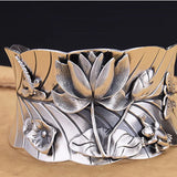 Bracelets for Women Silver 925 Sterling Opening Cuff Retro Exaggerated Large Bangle Embossed Lotus Leaves and Dragonfly