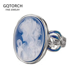 925 Sterling Silver Blue Agate Goddess Cameo Ring for Women White Shell Oval Shaped Fashion Statement Ring Vintage Jewelry