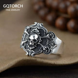 100% Real 925 Pure Silver Jewelry Men's Skull Ring Retro Punk Retro Locomotive Ring Opening Adjustable Fine Jewelr