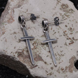 925 Sterling Silver Cross Sword Pendant Drop Earrings With Black Zircon Men Women Retro Unique Design Hypoallergenic Ear Jewelry