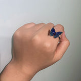 Vintage 925 Sterling Silver Enamel Butterfly Ring Women's Jewelry Ethnic Style Blue Insect Adjustable Opening Jewelry