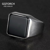 Solid 925 Sterling Silver Square Plain Ring for Men With Natural Black Agate Simple Rustic Flat Top Hallmarked Band Male Jewelry