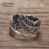925 Sterling Silver Feather Open Finger Ring for Women Men Adjustable Minimalist Retro Leaf Shaped Fashion Jewelry
