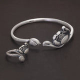 999 Pure Silver Lotus Open Ring Cuff Bangle Bracelet Jewelry Set for Women Vintage Style Buddhist Jewelry Gift for Mom Lady