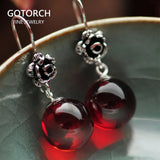 Real 925 Sterling Silver Jewelry Natural Stone Earrings for Women Red Garnet and White Opal Retro Beautiful Rose Flower Carved