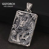 999 Sterling Silver Men's Vintage Auspicious Cloud Square Pendant Carved Dragon and Phoenix Vintage Punk Rock Lucky  Jewelry