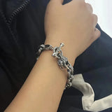925 Sterling Silver Viking Dragon Head O-chain Bracelet for Men OT Buckle Antiqued Punk Retro Sturdy Handmade Birthday Jewelry