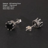 True 925 Pure Silver Crown Earrings Studs for Men and Women 6mm Round Black Zircon Simple Retro Jewelry Gift