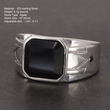 Solid 925 Sterling Silver Vintage Punk Simple Boys Ring with Natural Black Onyx Square Stone Carving Pattern Silver Jewelry