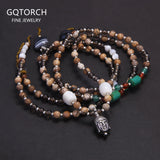 Handmade Tibetan Buddhist Charm Beaded Bracelet for Women Men Natural Cat Eyes Black Onyx Small Beads Jewelry