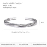 3pcs/set 999 Pure Silver Leaf Twisted Open Bangle Hand-woven Small Beads Knot Bracelet Set Adjustable Bohemian Retro Jewelry