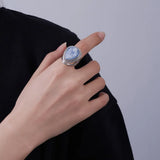 Genuine 925 Sterling Silver Blue Agate Medusa Cameo Ring for Women White Shell Statement Ring Vintage Fashion Party Jewelry