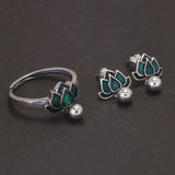 925 Sterling Silver Green Lotus Ring Earrings with Dangle Bead Enameled Women's Vintage Fashion Elegant Jewelry Set