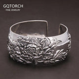 999 Pure Silver Peony Flower Cuff Bangle for Women Large Exaggerated Wide Ethnic Style Female Jewelry Gift for Mom - GQTORCH Jewelry