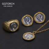 925 Sterling Silver Gold Cameo Ring Earrings Necklace Jewelry Set for Women Vintage INS Korean Trending Accessories