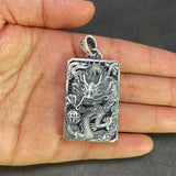 999 Sterling Silver Men's Vintage Auspicious Cloud Square Pendant Carved Dragon and Phoenix Vintage Punk Rock Lucky  Jewelry