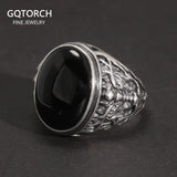 Natural Black Onyx Ring Vintage Real Pure 925 Sterling Silver Vintage Punk Men Jewelry Dragon Engraved Resizable - GQTORCH Jewelry