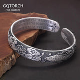 999 Pure Silver Buddhist Fish Lotus Bracelet Heart Sutra Engraved Open Cuff Bangle Vintage Adjustable Handmade Spiritual Jewelry - GQTORCH Jewelry