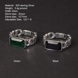 Genuine 925 Sterling Silver Men's and Women's Rings Green Crystal Inlaid Braided Vintage Rings Adjustable Size Jewelry