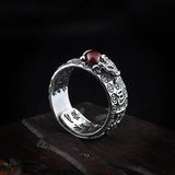 Guaranteed 925 Sterling Silver Mantra Rings Vintage Coins Engraved With Pixiu Natural Red Garnet Stone Resizable - GQTORCH Jewelry