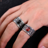 Guananteed S925 Sterling Silver Ring Vintage Garnet Black Agate Double Dragon Play Bead Wide Ring Wholesale