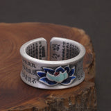 999 Pure Silver Lotus Fish Ring for Women and Men Heart Sutra Engraved Enameling Vintage Fashion Buddhist Jewelry