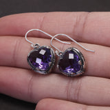 Real S925 Sterling Silver Natural Amethyst Heart Ring Drop Earrings for Women Girl Vintage Fashion Jewelry Set