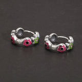 Real 925 Sterling Silver Colorful Enameling Flower Ring Earrings Party Jewelry Gift Engagement Open Jewelry Set