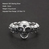 925 Sterling Silver Gothic Skull Ring Adjustable Death Head Open Ring Biker Punk Rock Hiphop Street Party Jewelry Accessories