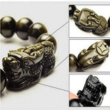 Natural Obsidian Beads Bracelet Gold Color Energy Stone Hand String Pixiu Lucky Brave Troops Women Men Jewelry