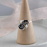 Real 925 Sterling Silver Jewelry Rose Flower Rings For Women With Black Zircon Stone Adjustable Wedding Rings For Women