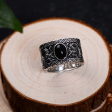 Guananteed S925 Sterling Silver Ring Vintage Garnet Black Agate Double Dragon Play Bead Wide Ring Wholesale