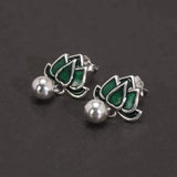 925 Sterling Silver Green Lotus Ring Earrings with Dangle Bead Enameled Women's Vintage Fashion Elegant Jewelry Set