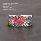 Sterling Silver S925 Women's Enamel Carp Lotus Ring Antique Hollowed Out National Style Jewelry