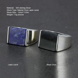 Solid 925 Sterling Silver Square Lapis Lazuli Agate Ring for Men Natural Gemstone Simple Classic Male Jewelry