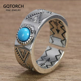 Retro S925 Sterling Silver Inlaid Turquoise Ring Indian Style Simple Adjustable Fine Jewelry for Men and Women