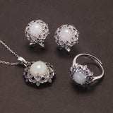 925 Sterling Silver Red Agate or Jade Floral Jewelry Set for Women Begonia Flower Ring Earrings Necklace Elegant Vintage Jewelry