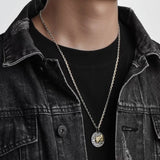 Real 925 Sterling Silver Double Sided Skull Pendant Men Women Retro Punk Style Coin Round Kitten Necklace