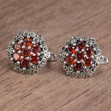 Real 925 Sterling Silver Handmade Flower Earrings Clip For Women Inlaid Red Garnet Natural Stone Vintage Style Brinco