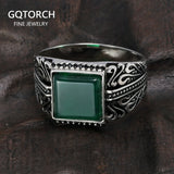 925 Sterling Silver Rings Mens Rings Vintage Flower Engraved Black Green Red Natural Onyx Stone Square Shape Punk Turkey Jewelry