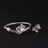 Sterling Silver 999 Cuff Bangle for Women Vintage Lotus Lucky Bracelet Ring Thai Silver Matte Open Jewelry Set