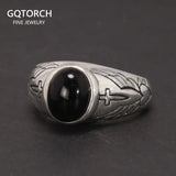 925 Sterling Silver Ring for Men and Women Vintage Thai Silver Angel Wing Cross Black Agate Ring Inlaid with Gemstones Jewelry