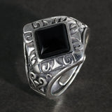 Solid 925 Sterling Silver Retro Punk Women Rings With Natural Black Agate Square Stone Engraved Antique Flowers