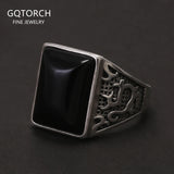 925 Sterling Silver Black Onyx Signet Ring for Men Natural Stone Cool Retro Vintage Punk Turkish Rings Biker Male Jewelry Gift