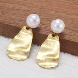 925 Sterling Silver Water Drop Earrings with Natural Pearl Gold Plating Vintage Scratch Wave Pattern Elegant Female Jewelry