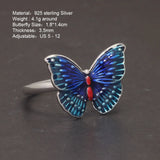 Vintage 925 Sterling Silver Enamel Butterfly Ring Women's Jewelry Ethnic Style Blue Insect Adjustable Opening Jewelry