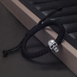 7/8mm Handmade 999 Pure Silver Skull Charm Braided Rope Bracelet Wristband Military Green and Black Color Punk Retro Jewelry