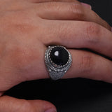 Real Pure 925 Silver Ring for Men Round Stone Natural Black Agate Antique Heart Pattern Fine Jewelry